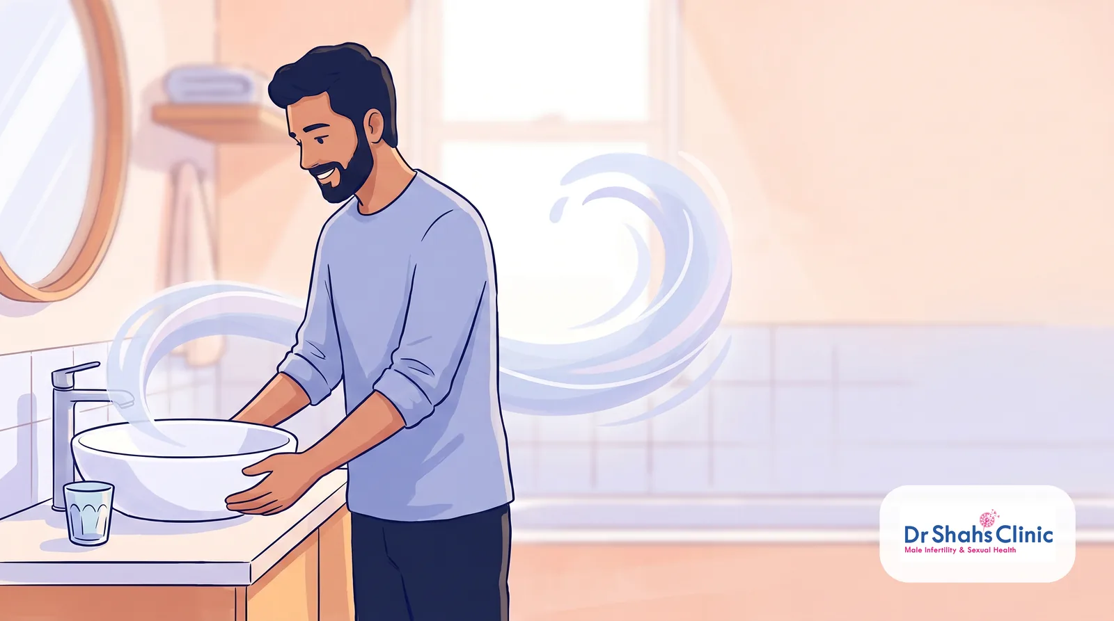 Warm conceptual illustration of a calm man with gentle flowing fluid, conveying that sperm leakage in the urine is usually a harmless washout, not a disease