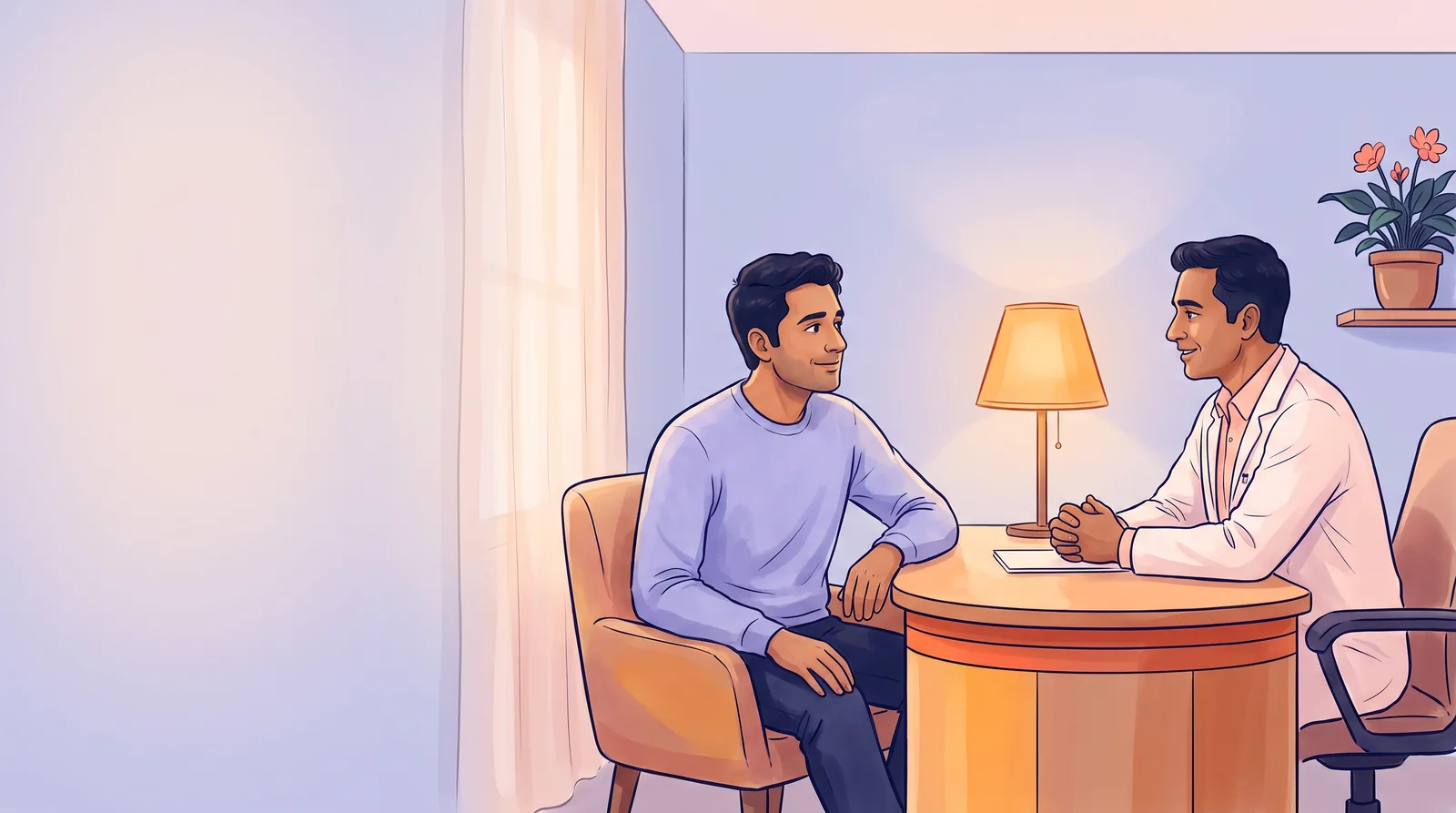A relatable Indian man in a calm, confidential consultation with a friendly andrologist at an STD clinic in T-Nagar, Chennai, conveying private, judgment-free testing