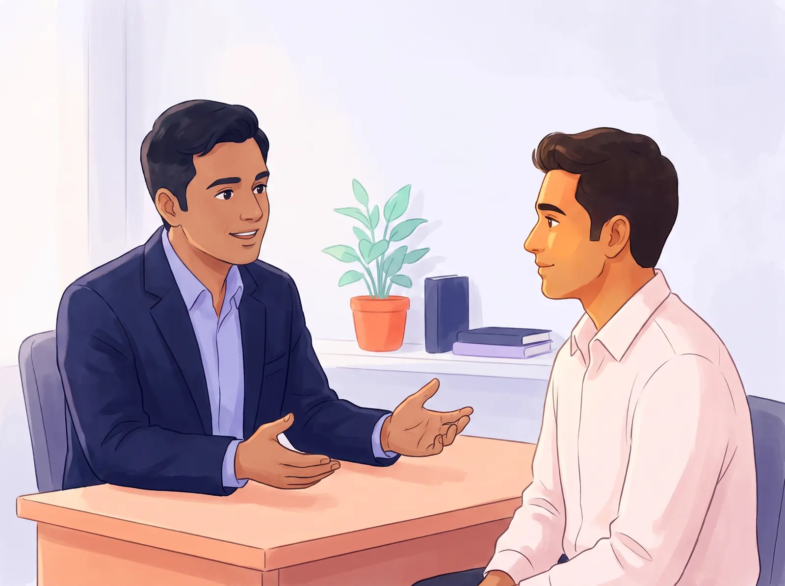 A reassured Indian man in a private consultation with a friendly doctor, conveying that one honest, confidential STD consultation in Chennai settles the worry