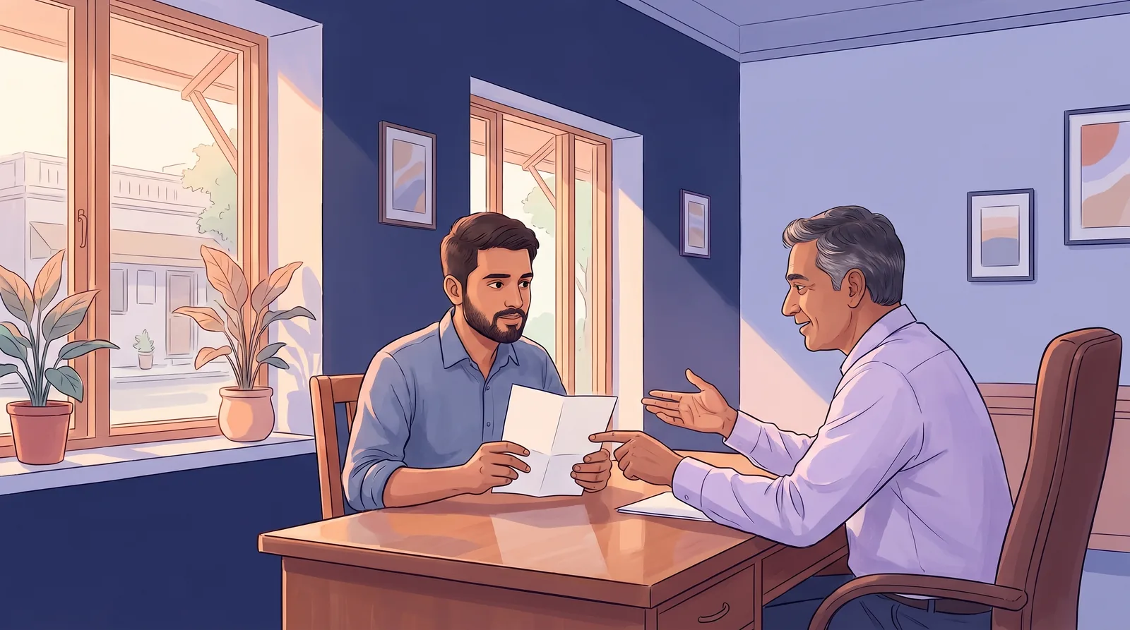 A worried man holding a reactive VDRL report is reassured by an andrologist across a consultation desk — syphilis is curable at every stage