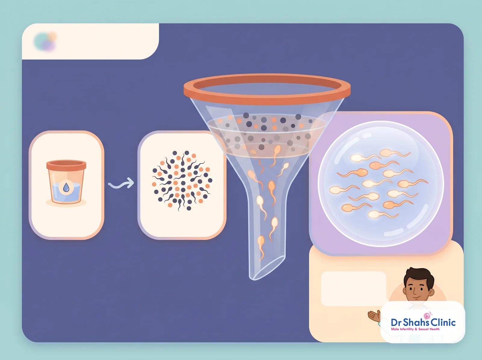 Conceptual infographic showing sperm concentration combining with semen volume and a moving-sperm fraction to produce a single pool of swimming sperm, illustrating the total motile sperm count formula