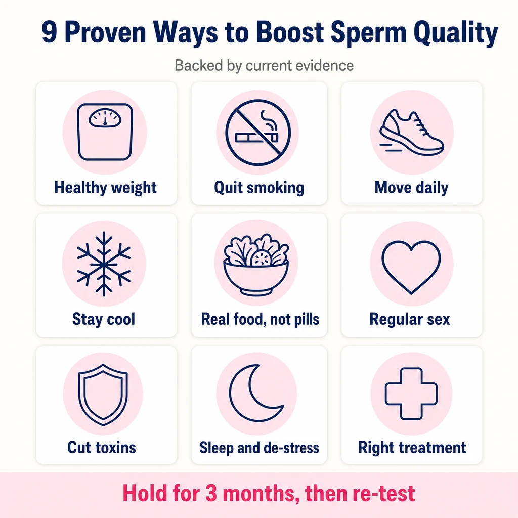 Infographic: nine proven ways to boost sperm quality — healthy weight, quit smoking, move daily, stay cool, real food not pills, regular sex, cut toxins, sleep and de-stress, right medical treatment