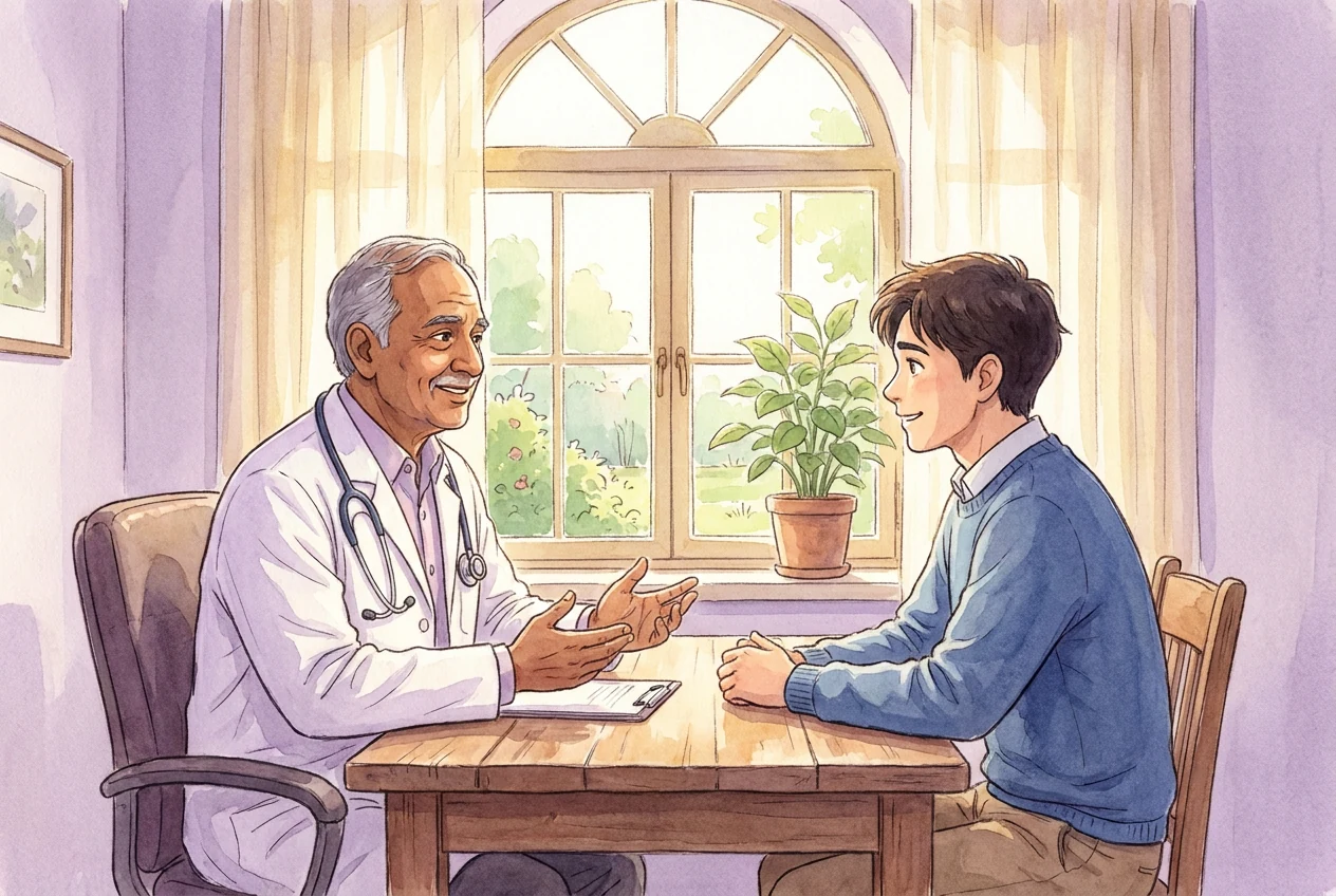 Andrologist explaining how to increase sperm quality and treat male infertility, discussing a semen analysis report with a male patient