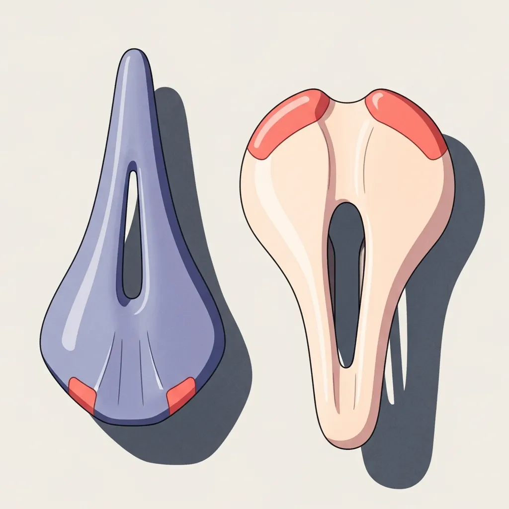 A narrow racing saddle beside a wider ergonomic saddle