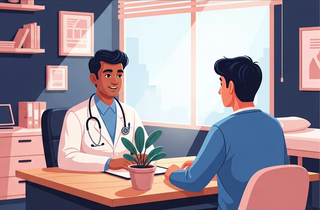Warm, welcoming illustration of an andrologist reassuring a calm young man across a desk in a private consultation room, inviting the reader to book a consultation about premature ejaculation