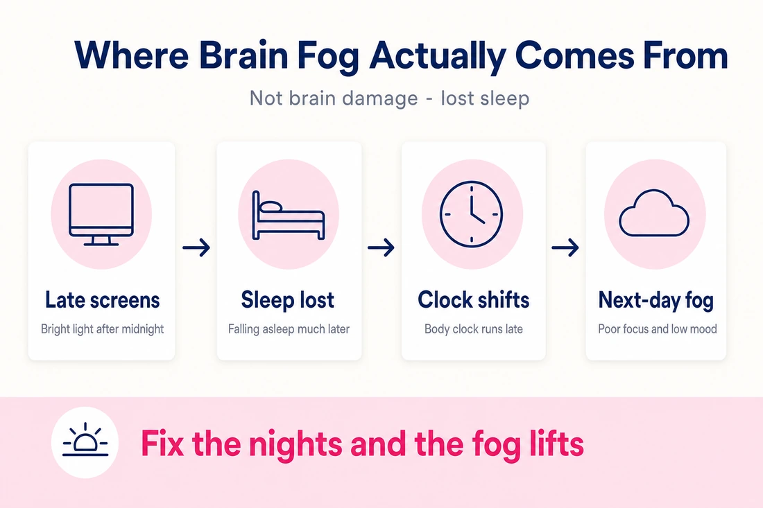 Infographic flow showing late screens leading to lost sleep, a shifted body clock and next-day brain fog