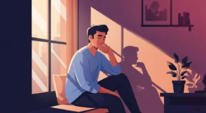 A reassured man in warm window light after learning his penile curve is normal