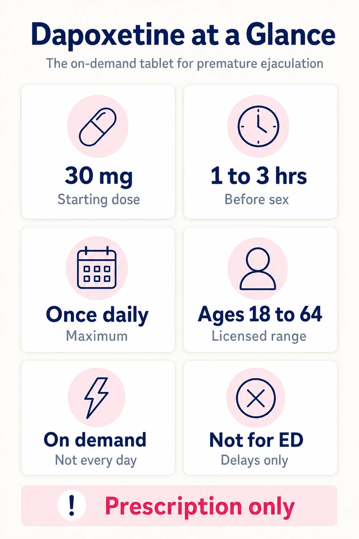 Infographic: dapoxetine starting dose 30 mg, taken 1 to 3 hours before sex, maximum once daily, licensed ages 18 to 64, on demand not every day, not a treatment for erectile dysfunction, prescription only