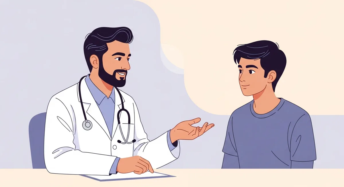 Illustration of an andrologist in a white coat with a stethoscope explaining premature ejaculation treatment options to a young adult male patient
