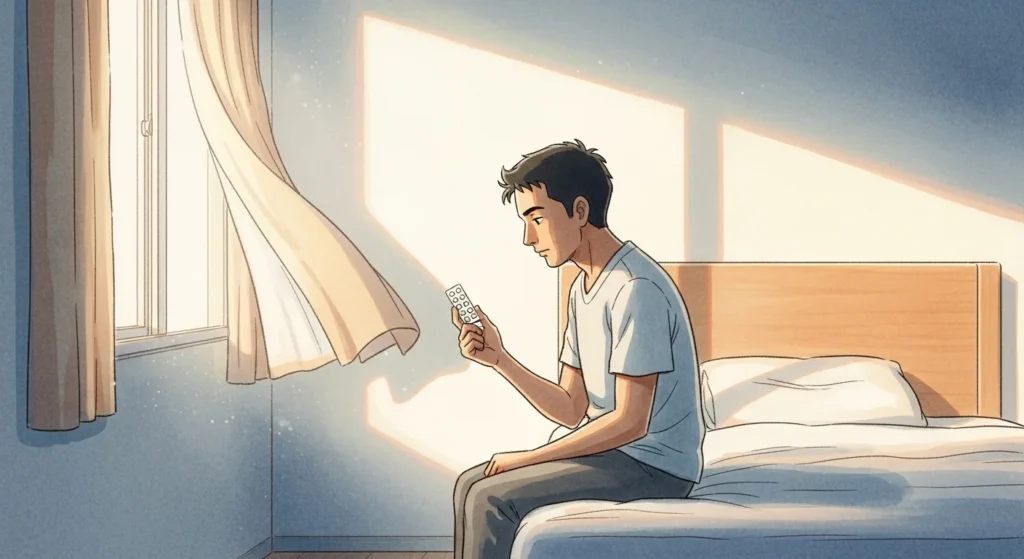 A young Indian man sitting on the edge of his bed in morning light, quietly looking at a strip of dapoxetine tablets he bought without a prescription
