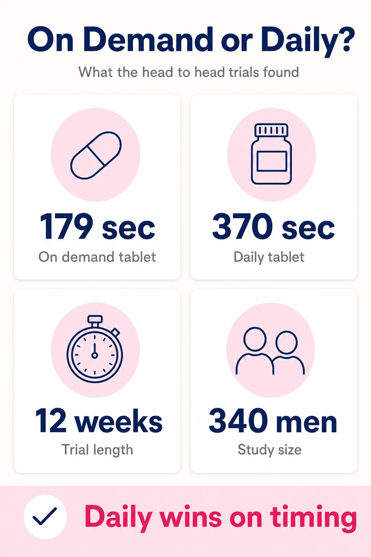 Infographic comparing on-demand dapoxetine at 179 seconds against daily paroxetine at 370 seconds over a 12 week trial in 340 men