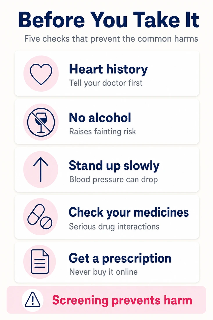 Infographic listing five checks before taking dapoxetine: heart history, no alcohol, stand up slowly, check your medicines, get a prescription