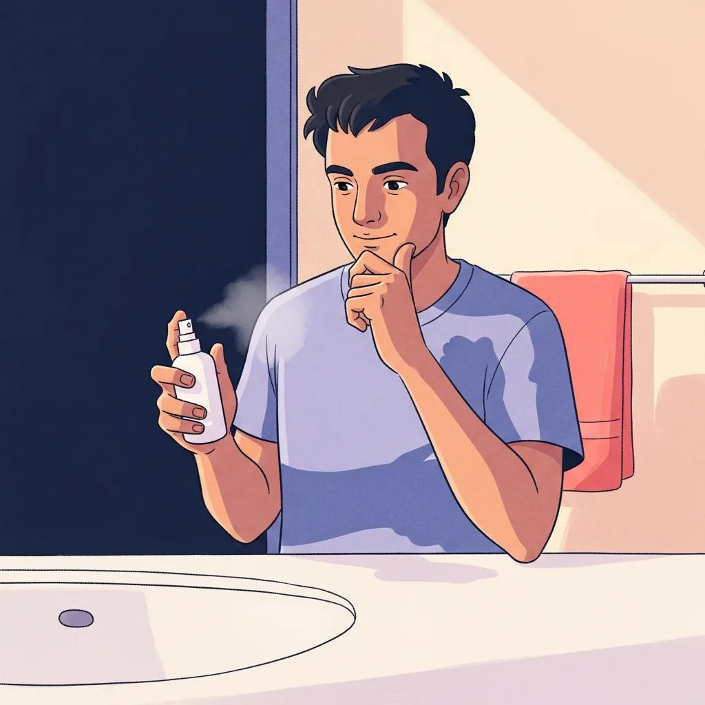 A man reading the label of a premature-ejaculation delay spray, deciding whether to use it