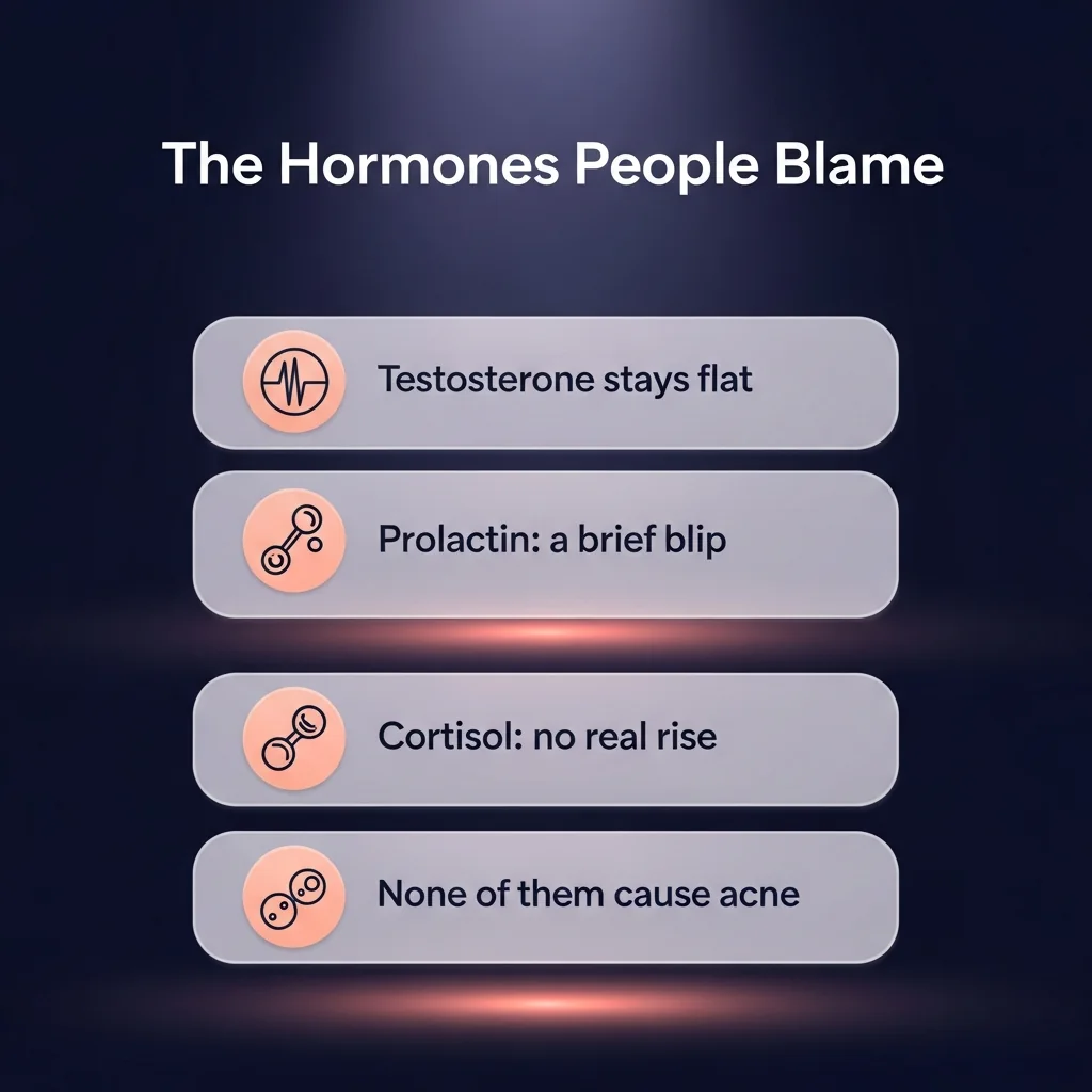 The hormones people blame for acne Infographic: the hormones people blame for acne — testosterone stays flat, prolactin is a brief blip, cortisol shows no real rise, none of them cause acne
