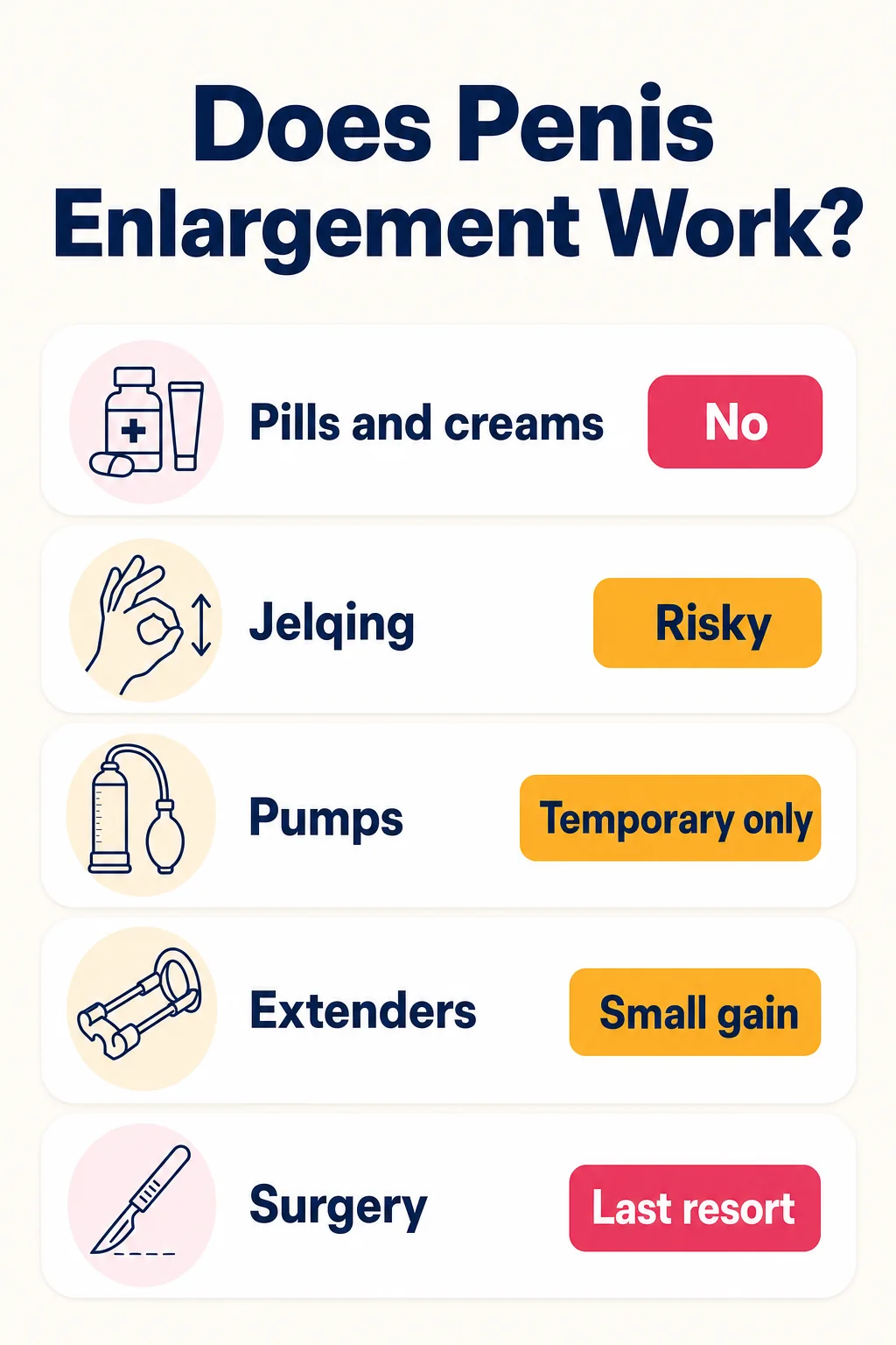 Infographic: does penis enlargement work — pills do not work, jelqing is risky, pumps are temporary only, extenders give a small gain, surgery is a last resort