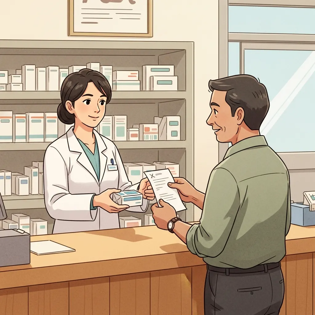 A pharmacist handing prescribed medicine to a man holding a doctor's prescription at a pharmacy counter
