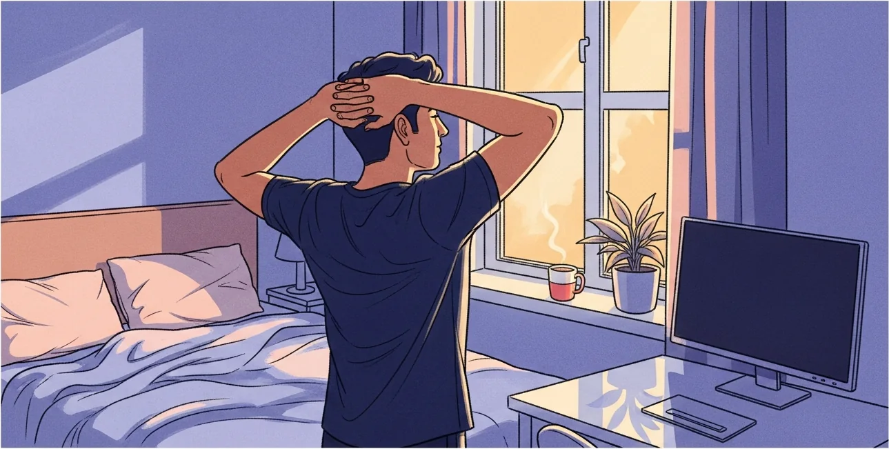 A rested young man stretching at a sunlit window in the morning with the monitor switched off