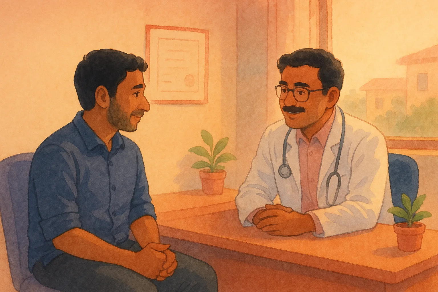 A man in a private consultation with an andrologist at a Chennai clinic, discussing genital herpes treatment