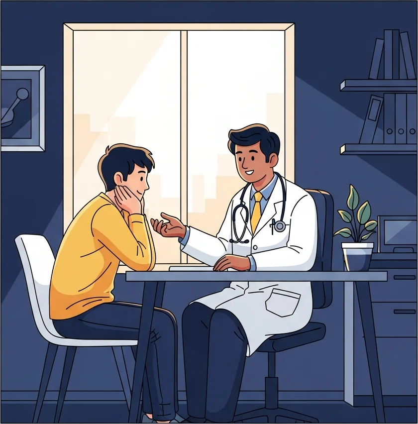 How long does sex last — a kind andrologist reassuring a relieved young man that most worries about lasting time are normal and treatable