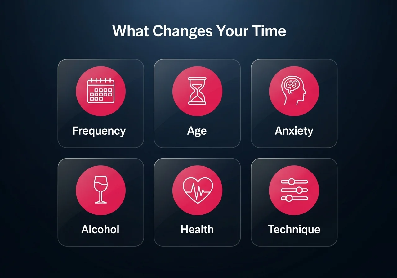 Infographic of the everyday factors that change how long sex lasts: frequency, age, anxiety, alcohol, health and technique