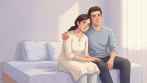 A relaxed, content young couple sitting close together in soft morning light, at ease and unhurried, conveying that intimacy is not about a stopwatch
