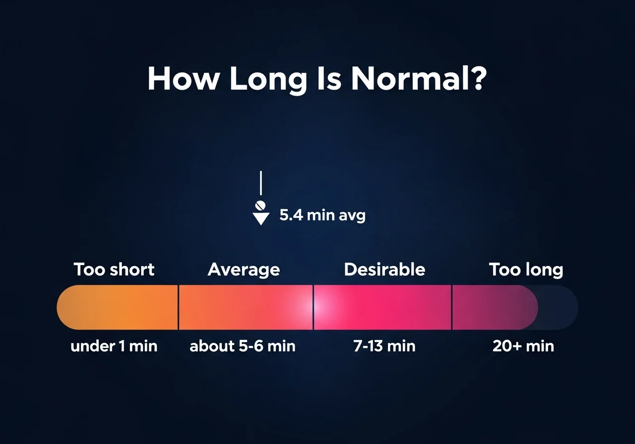 Infographic showing the spectrum of how long sex lasts — too short, the five-minute average, the desirable seven to thirteen minute range, and too long