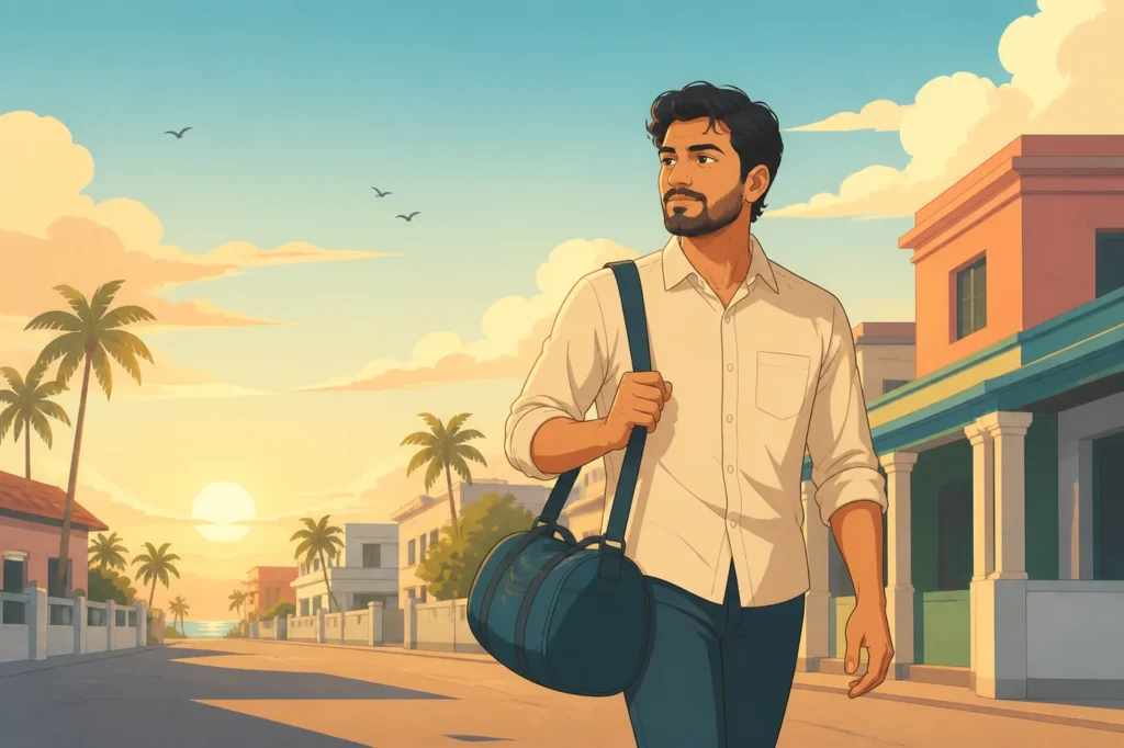 A healthy Indian man in his thirties walking at sunrise with a gym bag, illustrating natural ways to increase testosterone