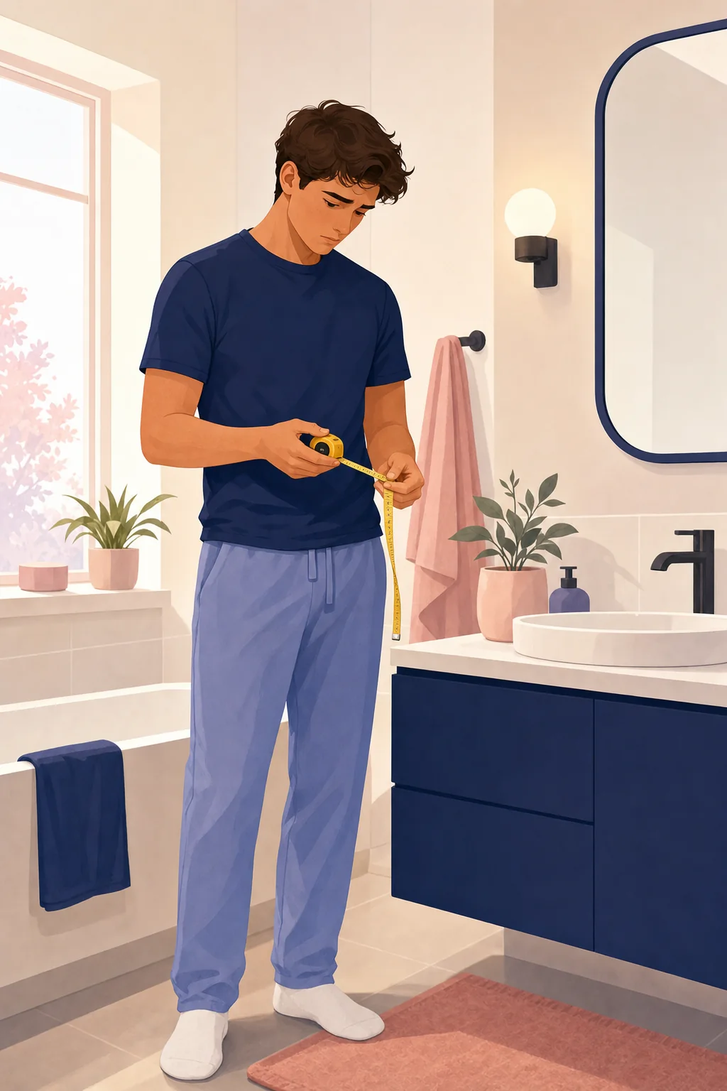 A worried young man measuring himself with a tape measure in a bathroom — most men who anxiously check are completely normal in size
