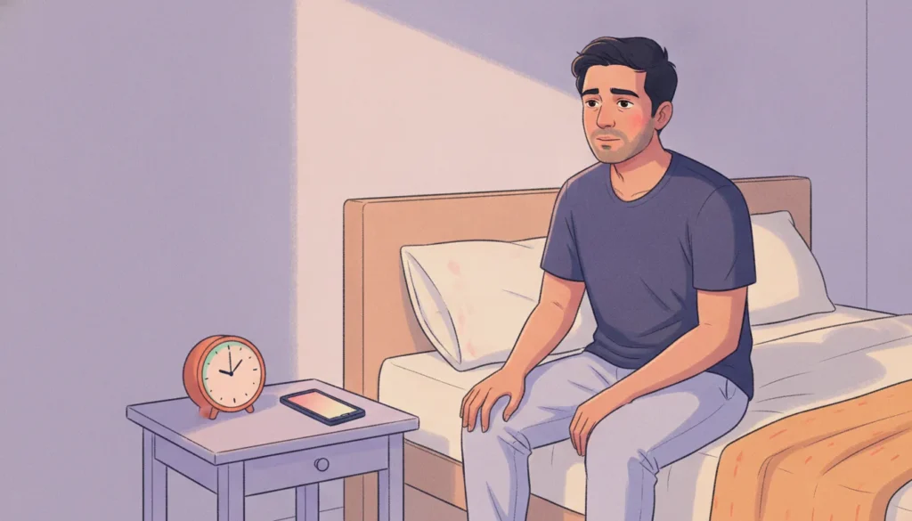 A thoughtful young Indian man sitting on the edge of his bed in warm evening light, wondering whether masturbating before sex will help him last longer