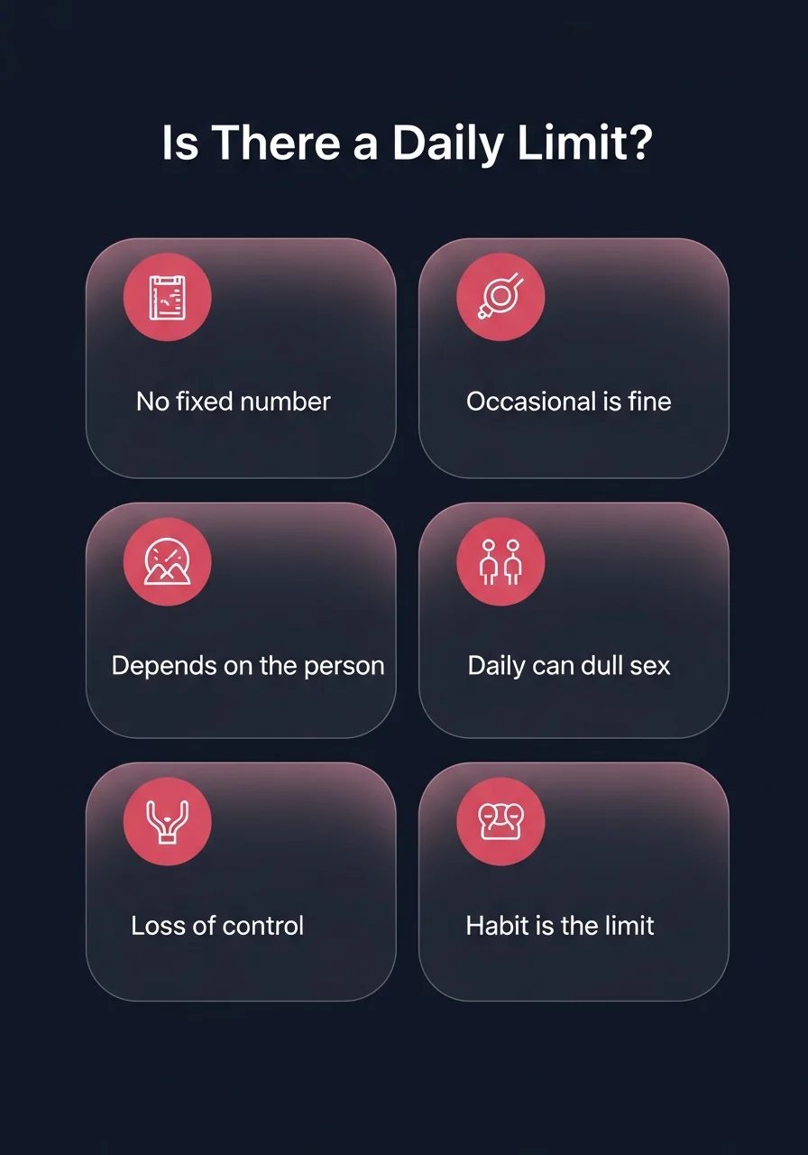 Is there a daily masturbation limit? Infographic answering whether there is a daily masturbation limit: no fixed number, occasional is fine, depends on the person, daily can dull sex, loss of control, and the habit is the real limit