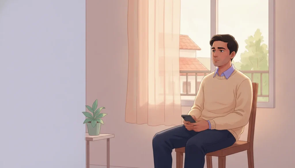 A young Indian man sitting thoughtfully by a window with his phone face-down, quietly wondering how often masturbation is okay