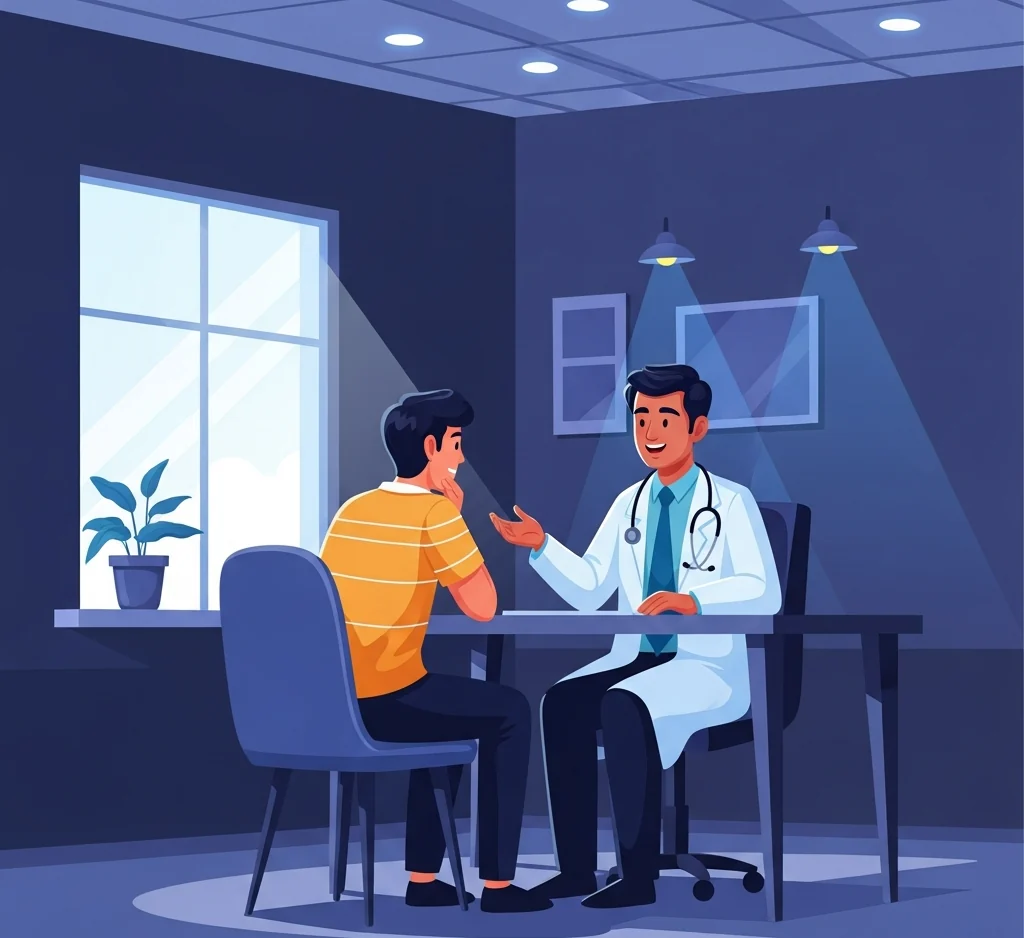 Breaking the masturbation habit and restoring real intimacy A warm andrologist reassuring a relieved young man in a bright consultation room that the masturbation habit can be broken and real intimacy restored