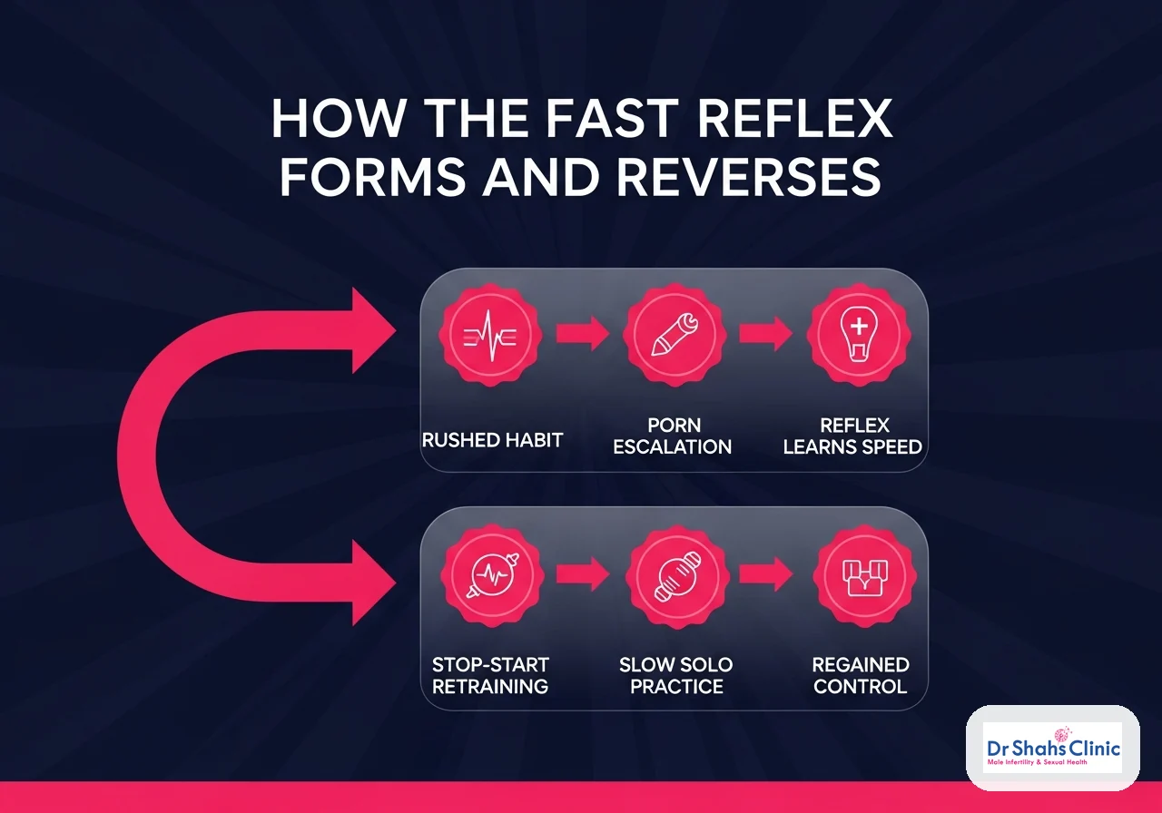 Six-step infographic showing how rushed, finish-fast masturbation conditions a fast ejaculatory reflex and how retraining reverses it: Rushed Habit, Porn Escalation, Reflex Learns Speed, Stop-Start Retraining, Slow Solo Practice, Regained Control