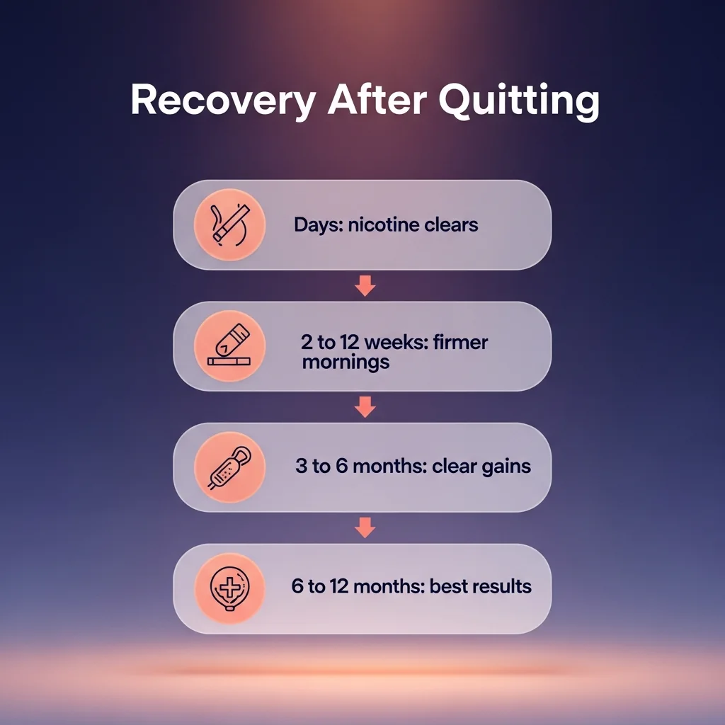 Infographic timeline showing erectile recovery after quitting smoking — days for nicotine to clear, weeks for firmer morning erections, and 3 to 6 months for clear improvement