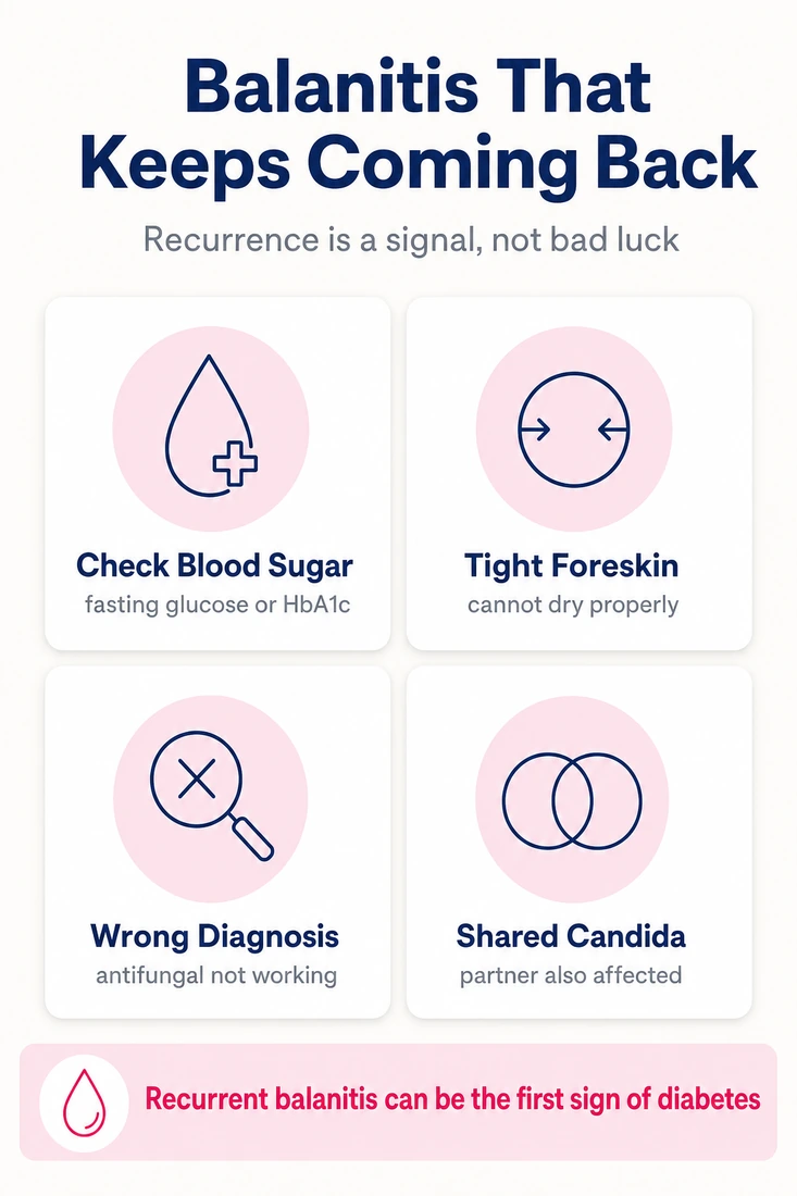 Infographic: why balanitis keeps coming back - check blood sugar, tight foreskin, wrong diagnosis, shared candida