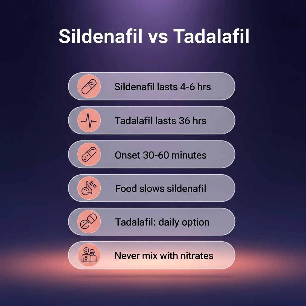 Sildenafil vs tadalafil at a glance — duration, onset, food effect, daily option and the nitrate safety rule