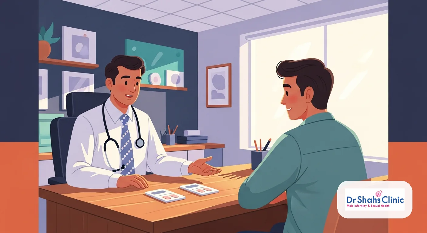 Sildenafil vs tadalafil: an andrologist explaining the two ED tablet options to a relieved man in a calm Chennai consultation room