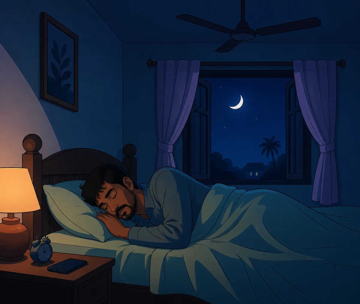 A man asleep in a dark bedroom with his phone face-down on the bedside table, illustrating that testosterone is made during sleep