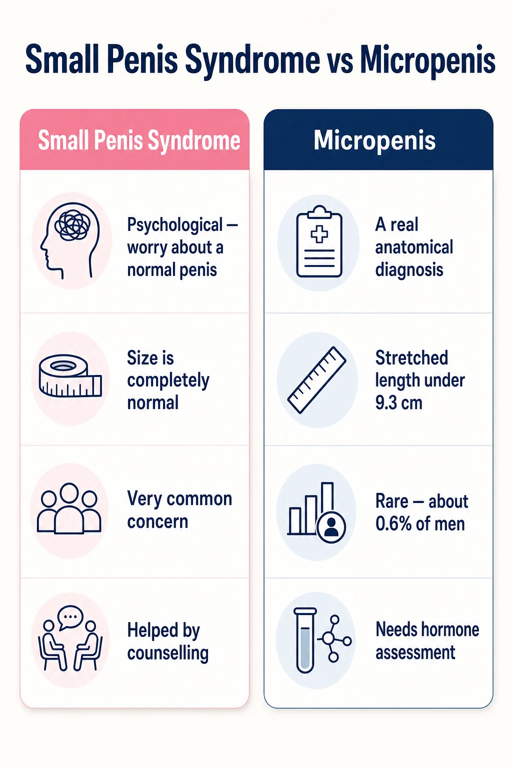 Infographic comparing small penis syndrome (psychological, normal size) with micropenis (rare anatomical diagnosis)