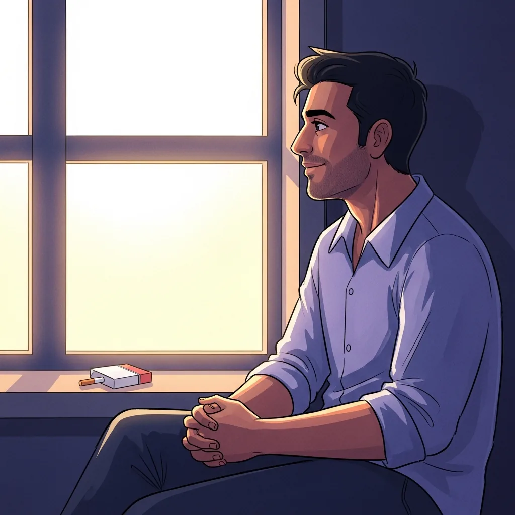 A man sits calmly by a sunrise window, a cigarette packet left untouched on the sill, having decided to quit smoking