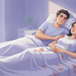 A calm, reassured young Indian couple resting together in soft morning light, conveying that semen leaking after intercourse is normal and no reason to worry