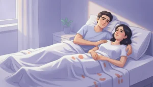 A calm, reassured young Indian couple resting together in soft morning light, conveying that semen leaking after intercourse is normal and no reason to worry