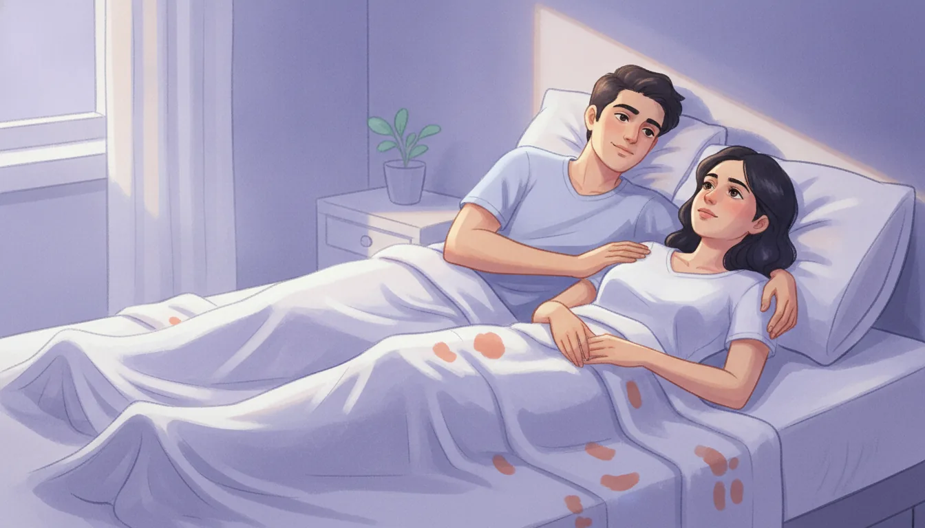 A calm, reassured young Indian couple resting together in soft morning light, conveying that semen leaking after intercourse is normal and no reason to worry