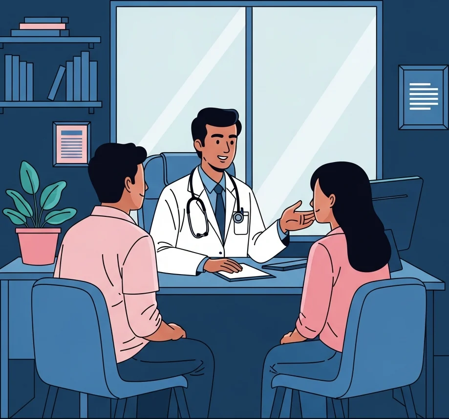A kind andrologist in a white coat reassuring a relieved young couple about sperm leakage after intercourse in a bright consultation room