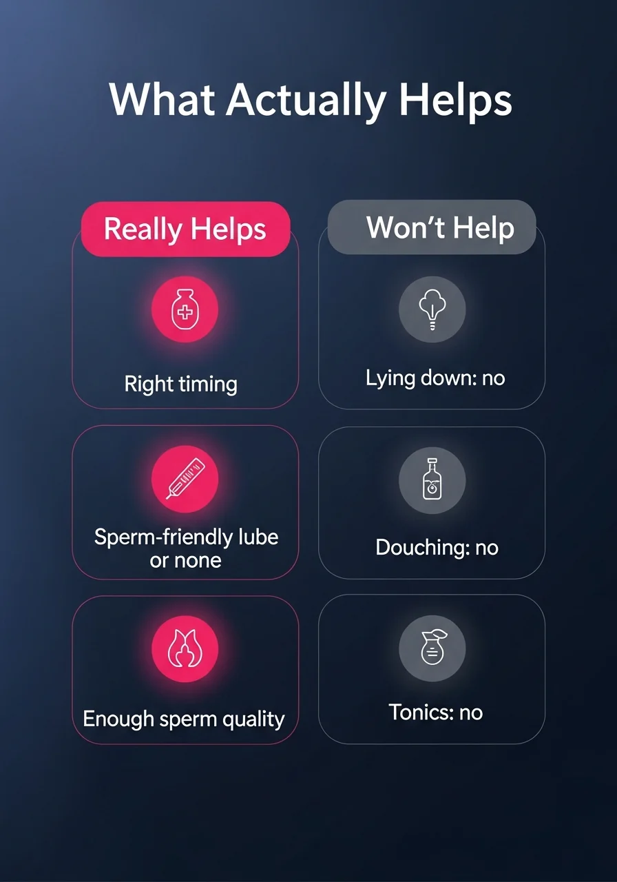 What actually helps conception despite sperm leakage after intercourse: right timing, a sperm-friendly lubricant or none, and enough sperm quality versus what will not help such as lying down, douching, and tonics