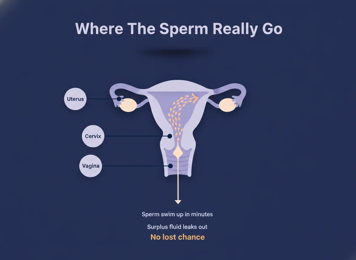 Diagram showing sperm swimming up through the cervix into the womb within minutes while surplus seminal fluid trickles back out, so leakage does not cost a pregnancy