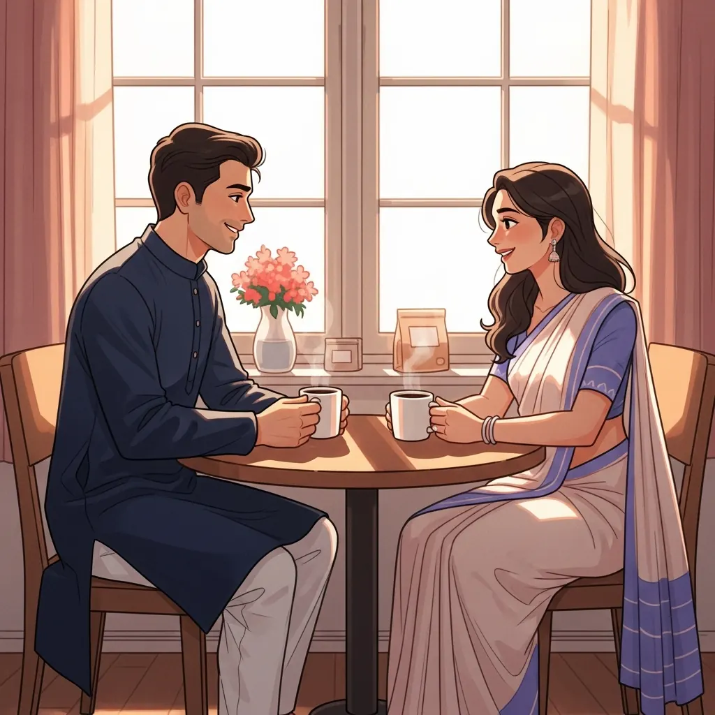 A relaxed Indian couple sharing coffee by a sunlit window on an unhurried weekend morning
