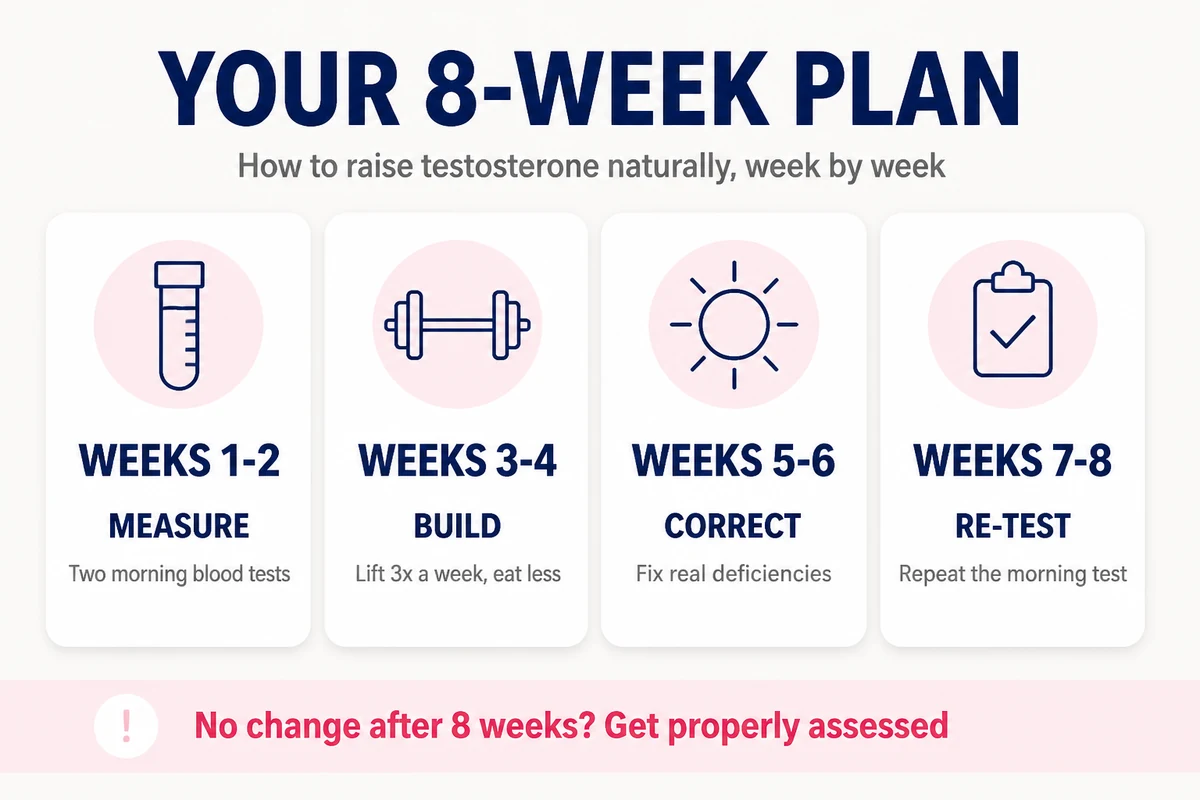 Infographic of an 8-week plan: weeks 1 to 2 measure, weeks 3 to 4 build, weeks 5 to 6 correct, weeks 7 to 8 re-test