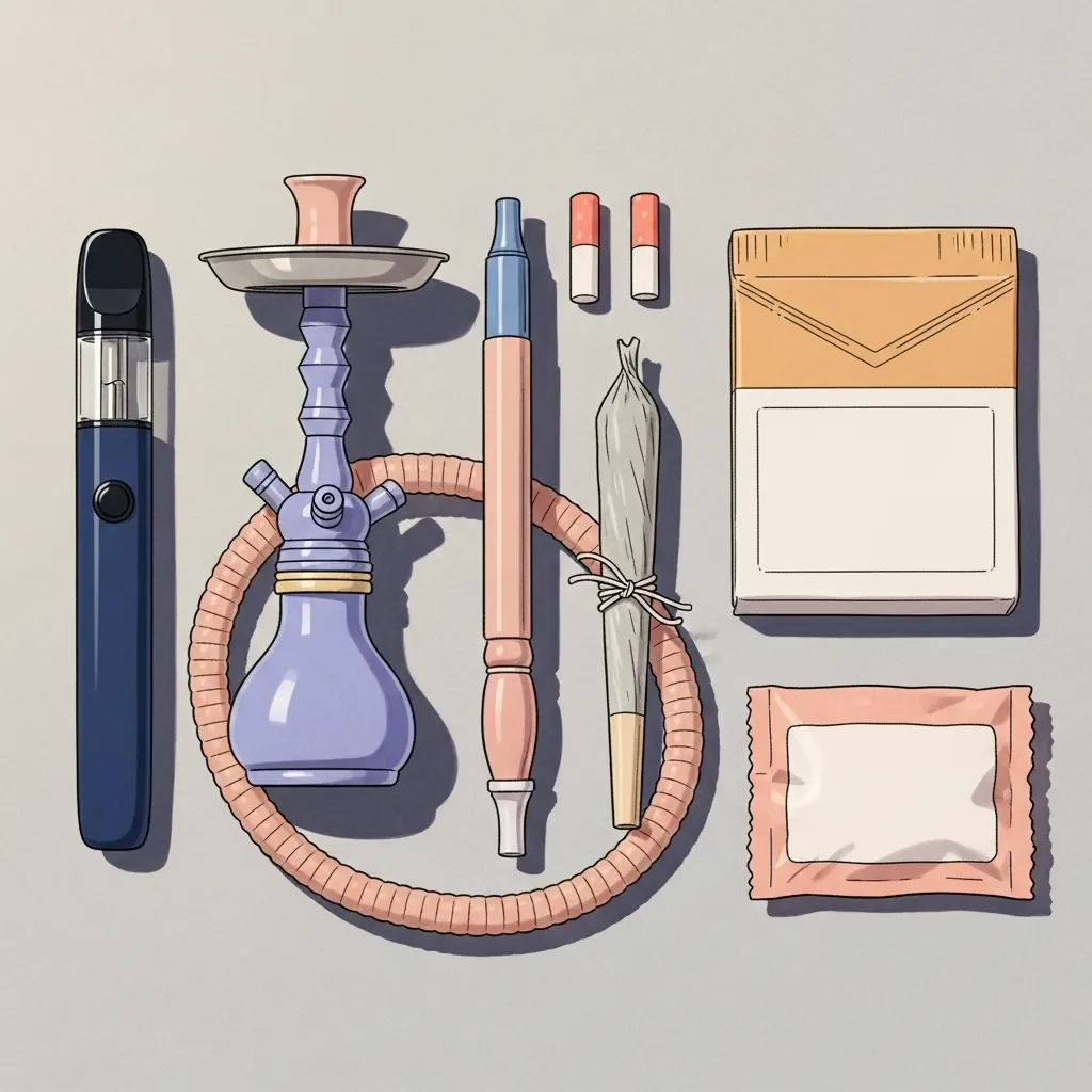 A vape pen, a hookah, bidis and a sachet of gutka arranged together, illustrating that no form of tobacco is safe for erections
