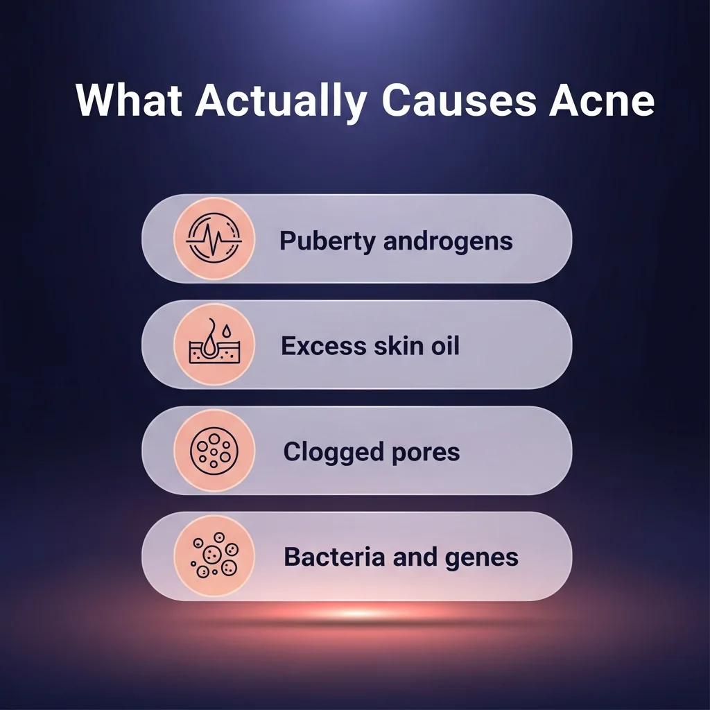 What actually causes acne Infographic: what actually causes acne — puberty androgens, excess skin oil, clogged pores, bacteria and genes